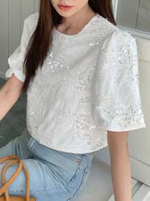 DAZY Contrast Sequin Puff Sleeve Tee
