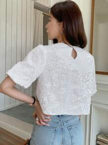 DAZY Contrast Sequin Puff Sleeve Tee