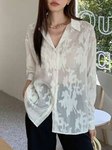 DAZY Jacquard Drop Shoulder Button Front Shirt - White - View 1