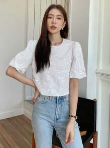 DAZY Contrast Sequin Puff Sleeve Tee