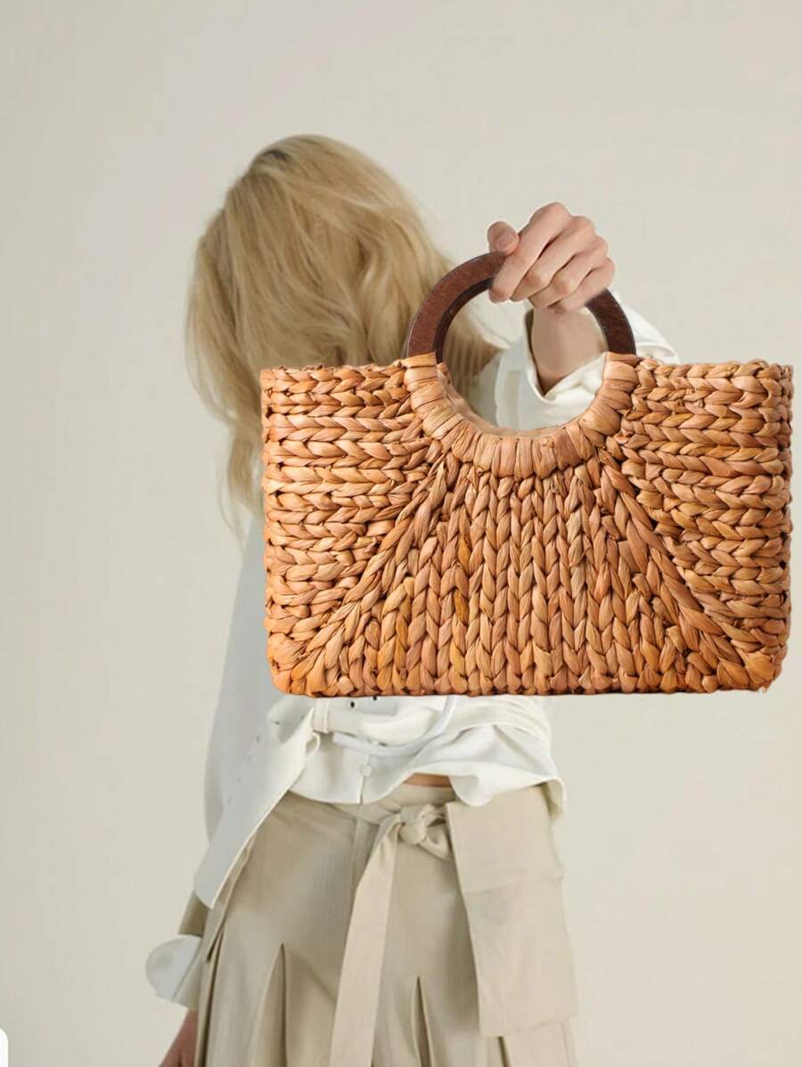 Túi rơm đan tay cầm gỗ mới 2024, Túi đi biển đan thủ công bằng da ngô, Túi tote rộng rãi màu trơn dành cho phụ nữ, Phong cách tự nhiên - màu nâu - Xem 1