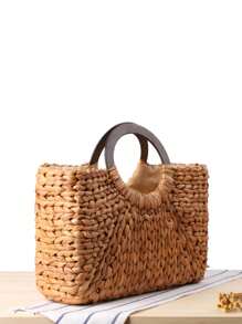 Túi rơm đan tay cầm gỗ mới 2024, Túi đi biển đan thủ công bằng da ngô, Túi tote rộng rãi màu trơn dành cho phụ nữ, Phong cách tự nhiên - màu nâu - Xem 2