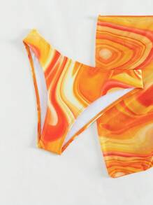 大理石圖案掛脖三角杯比基尼泳裝附沙灘裙 - 橘色 - 查看 7