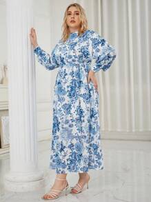 Eilly Bazar Plus Floral Print Lantern Sleeve Dress - Blue and White - View 1