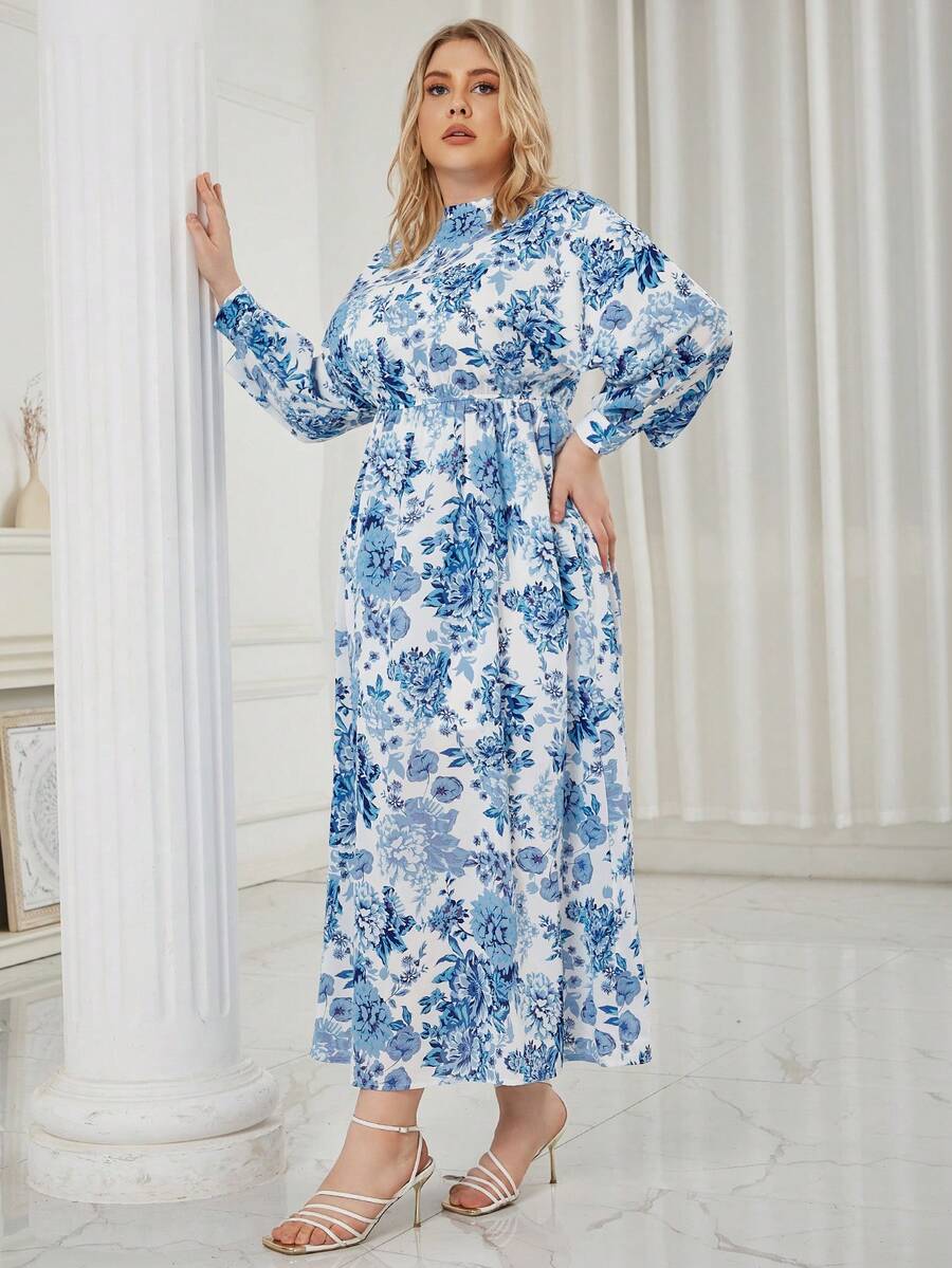 Eilly Bazar Plus Floral Print Lantern Sleeve Dress - Blue and White - View 1