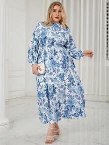 Eilly Bazar Plus Floral Print Lantern Sleeve Dress - Blue and White - View 3