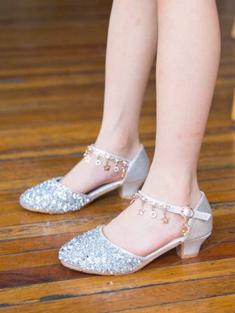 女孩水鑽和搭扣裝飾踝帶平底鞋適用於戶外