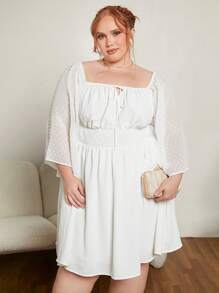 SHEIN CURVE+ 大碼一字肩前打結喇叭袖連衣裙 - 白色 - 查看 6