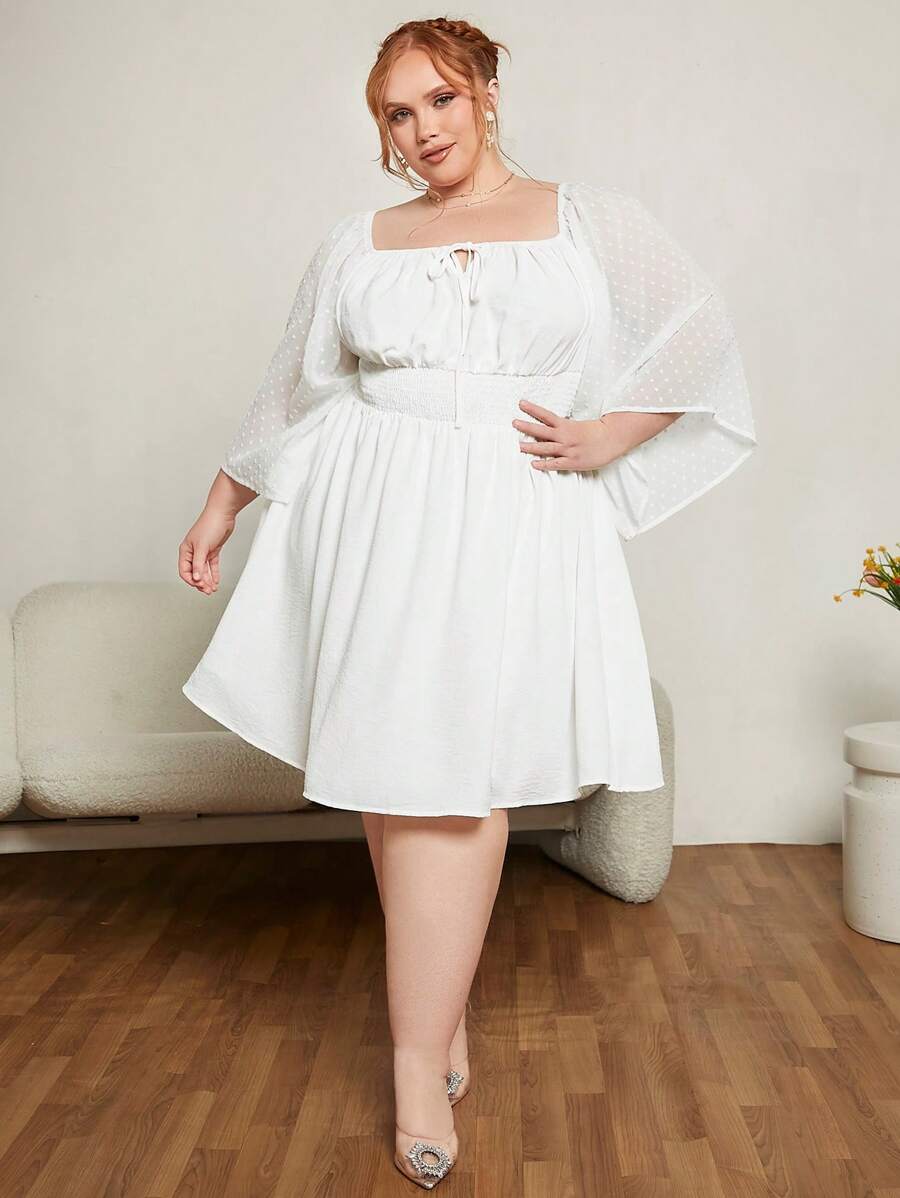 SHEIN CURVE+ 大碼一字肩前打結喇叭袖連衣裙 - 白色 - 查看 1