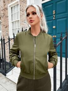 Eilly Bazar 斜口袋拉鏈開襟飛行員夾克 - 軍綠色 - 查看 1