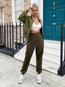 Eilly Bazar 斜口袋拉鏈開襟飛行員夾克 - 軍綠色 - 查看 3