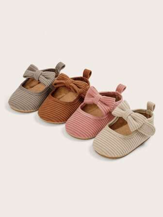 女嬰蝴蝶結裝飾條紋細節魔術貼織物瑪麗珍鞋適用於戶外