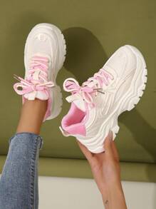 女士网眼厚底运动鞋，透气休闲厚底运动鞋，米色，适合春夏季 - 彩色 - 查看 1