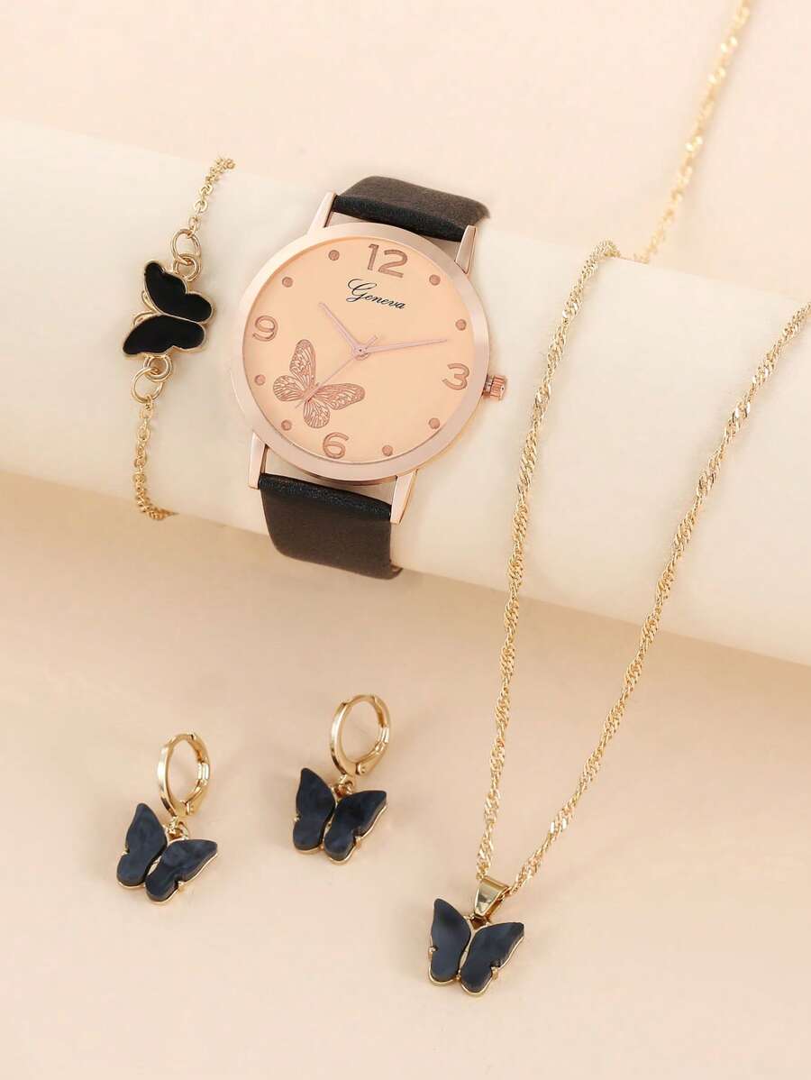 1入組女孩PU聚氨酯帶可愛圓形錶盤石英表和4入組首飾類適用於日常 - 黑色 - 查看 1