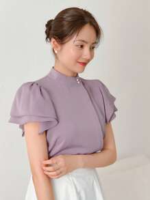 DAZY 高领蝴蝶袖纽扣前开襟衬衫，荷叶边 - 淡紫色 - 查看 4