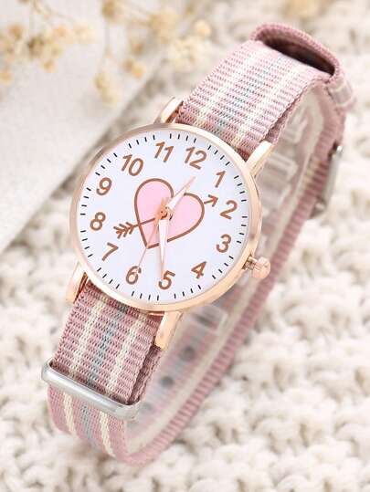 1pc Girls Striped Pattern PU Polyurethane Strap Round Dial Quartz Watch, For Daily Decoration