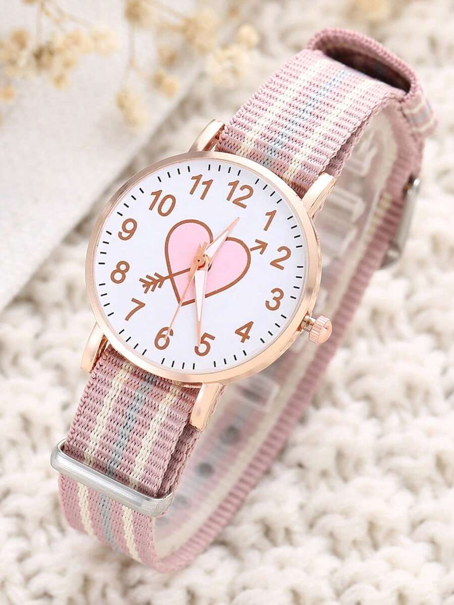 1入組女孩條紋圖案PU聚氨酯錶帶圓形錶盤石英手錶用於日常裝飾