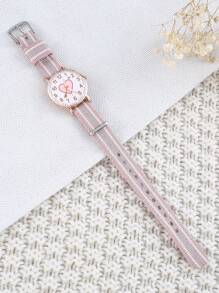 1入組女孩條紋圖案PU聚氨酯錶帶圓形錶盤石英手錶用於日常裝飾