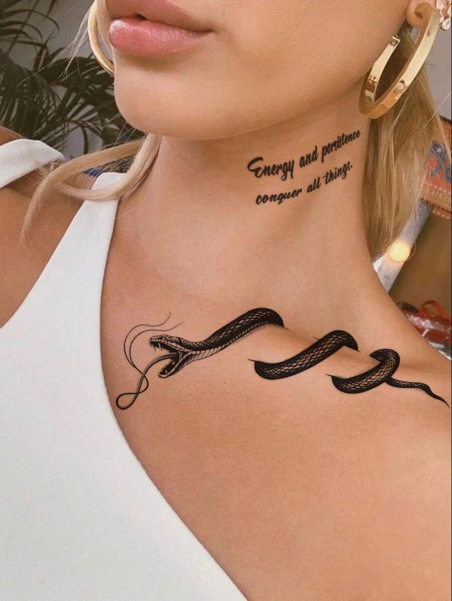 1 hoja Pegatina tatuaje serpiente & con estampado de slogan - Negro - Ver 1