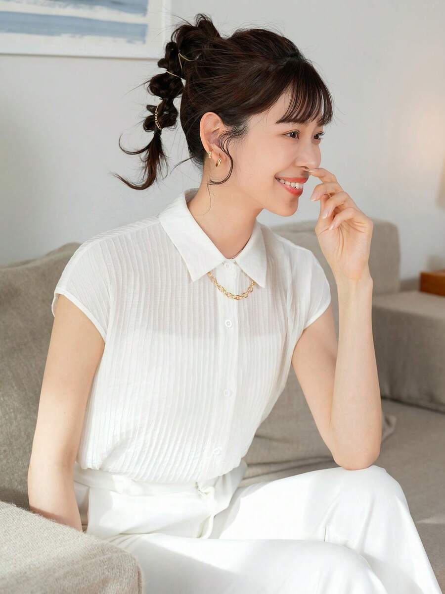 DAZY Chất rắn Nút phía trước Áo sơ mi Không có dây chuyền - trắng - Xem 1