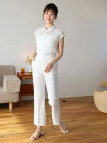 DAZY Chất rắn Nút phía trước Áo sơ mi Không có dây chuyền - trắng - Xem 4