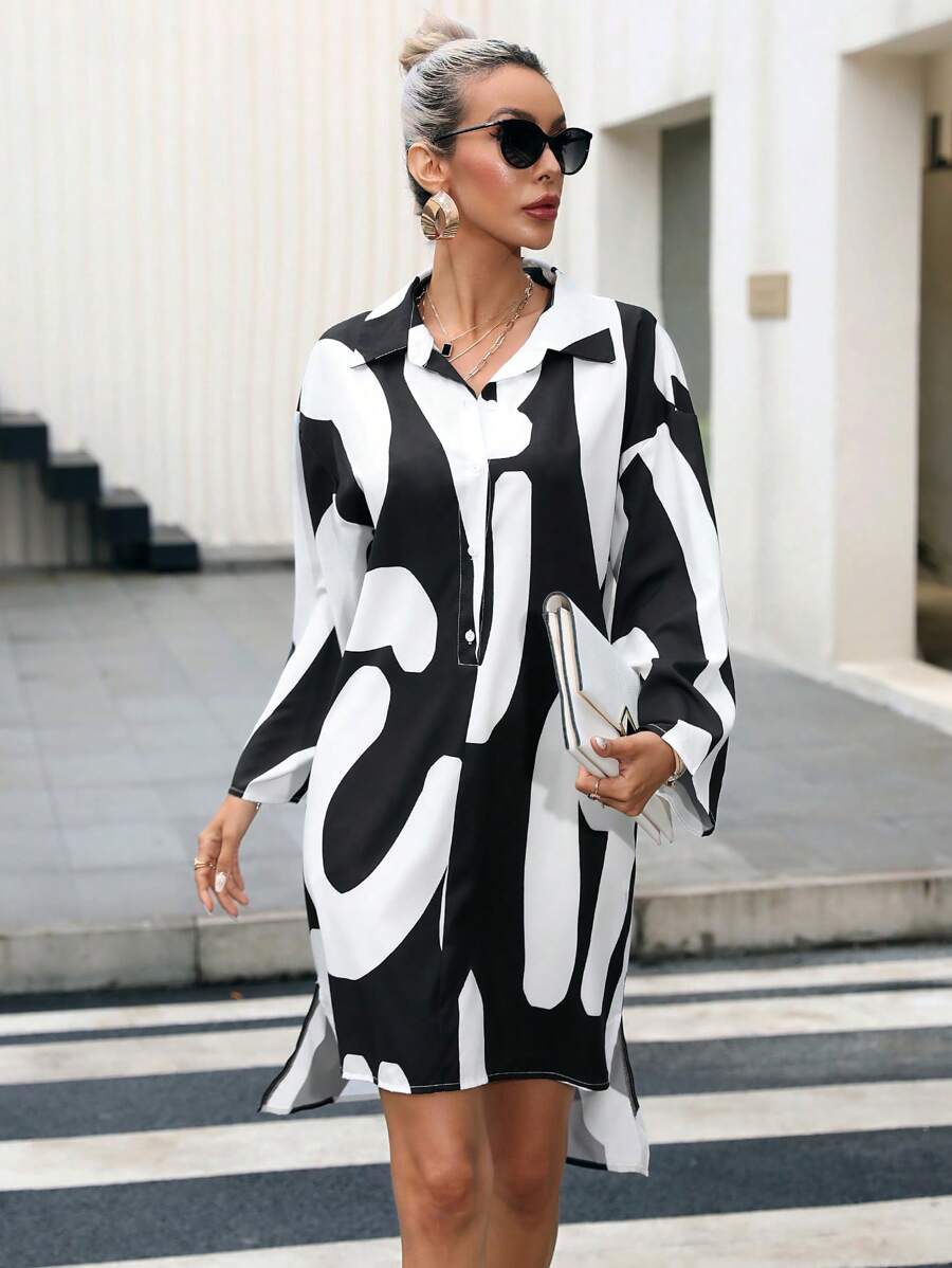 Aveloria Graphic Print Split Hem Shirt Dress - Black and White - View 1