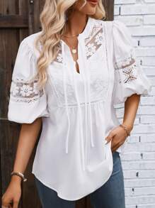 SHEIN LUNE Áo sơ mi nữ Tương phản ren màu trơn Giải trí - trắng - Xem 4
