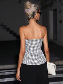 SHEIN BIZwear Gingham Print Button Front Tube Top - Black and White - View 2
