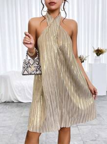 SHEIN Privé Solid Criss Cross Halter Neck Backless Dress - Champagne - View 4
