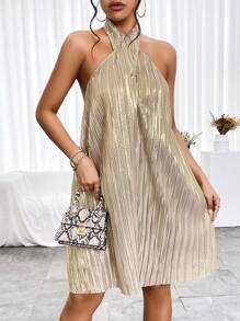 SHEIN Privé Solid Criss Cross Halter Neck Backless Dress - Champagne - View 5