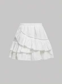 SHEIN MOD Falda con encaje en contraste ribete con fruncido - Blanco - Ver 2