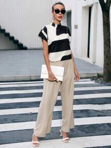 Aveloria Two Tone Batwing Sleeve Mock Neck Blouse - Black and White - View 4