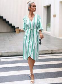 SHEIN Clasi Striped Print Belted Wrap Hem Dress - Multicolor - View 1