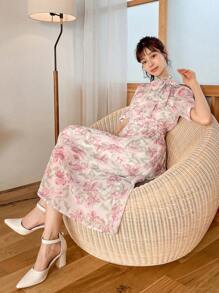 DAZY 印花繫帶領泡泡袖前繫帶連衣裙