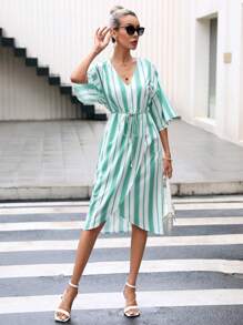 SHEIN Clasi Striped Print Belted Wrap Hem Dress - Multicolor - View 4