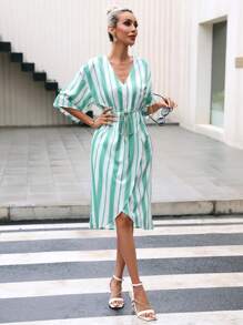 SHEIN Clasi Striped Print Belted Wrap Hem Dress - Multicolor - View 6