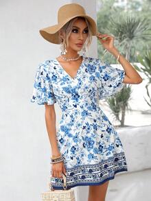 SHEIN VCAY Floral Print Butterfly Sleeve Dress - Blue - View 5