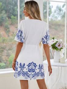 SHEIN Clasi Plants Print Butterfly Sleeve Dress - Multicolor - View 4