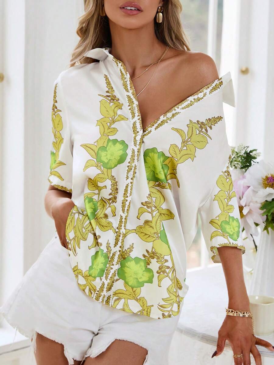 SHEIN Clasi Floral Print Button Front Shirt - Multicolor - View 1