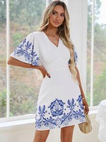 SHEIN Clasi Plants Print Butterfly Sleeve Dress - Multicolor - View 1