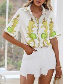 SHEIN Clasi Floral Print Button Front Shirt - Multicolor - View 5