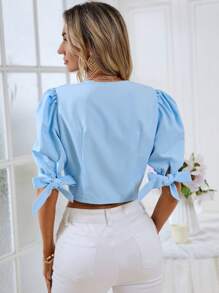 SHEIN Privé 素色前紐扣泡泡袖短款襯衫 - 藍色 - 查看 2