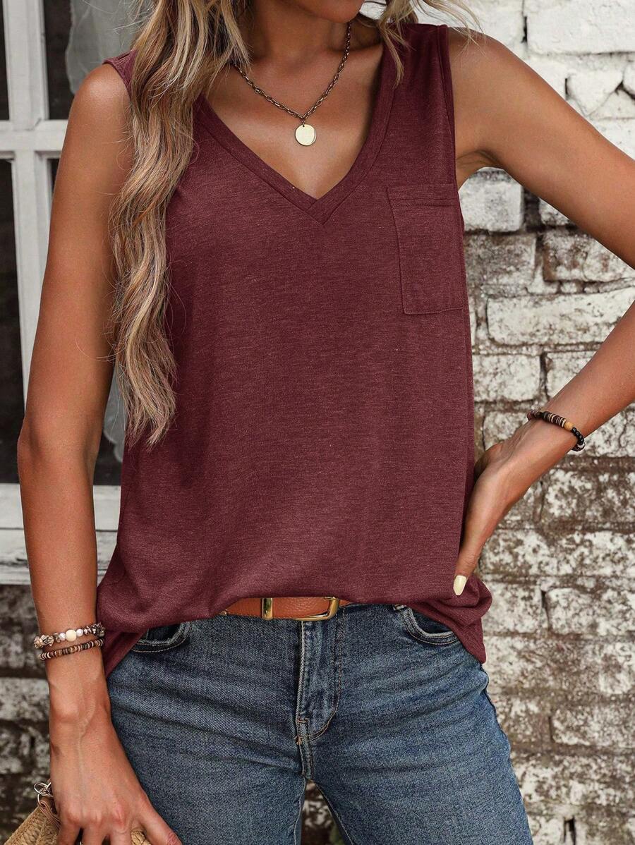SHEIN LUNE Solid Pocket Patched Tank Top - Maroon - View 1