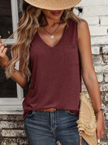 SHEIN LUNE Solid Pocket Patched Tank Top - Maroon - View 4