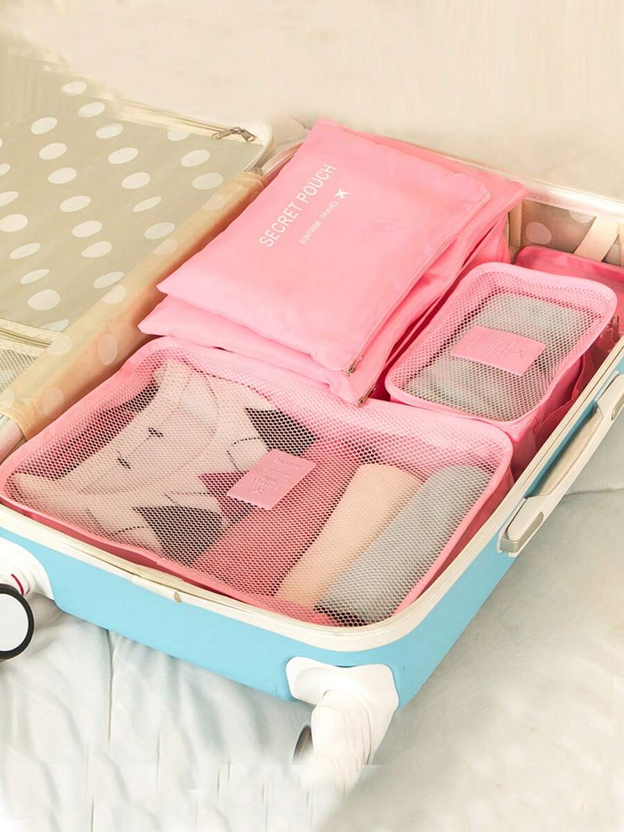 便携式大容量旅行6件装拉链收纳袋 - 粉色 - 查看 1
