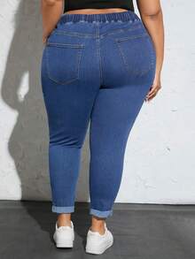 SHEIN CURVE+ Plus Drawstring Waist Skinny Jeans - Dark Wash - View 2