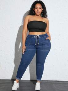 SHEIN CURVE+ Plus Drawstring Waist Skinny Jeans - Dark Wash - View 4