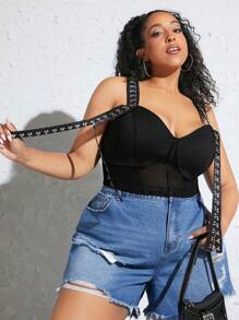 SHEIN CURVE+ Plus Grommet Eyelet Detail Wide Straps Top - Black - View 1