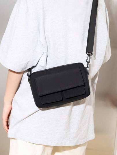 Polyester Square Bag Pocket Front Zipper, Gift For Father, Schoolbag Sling Bag Sport Bag For High School University Student For Travel College School Minimalist Shoulder Bag Crossbody Bag Sling Bag Back To School Holiday Summer Bag Spring Break Men Bags Black Bag Pack Cross Body Bag School Supplies Purse Sling Bag Messenger Bag Pouch