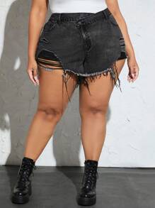 SHEIN CURVE+ 大碼破洞毛邊牛仔短褲 - 深灰色 - 查看 3